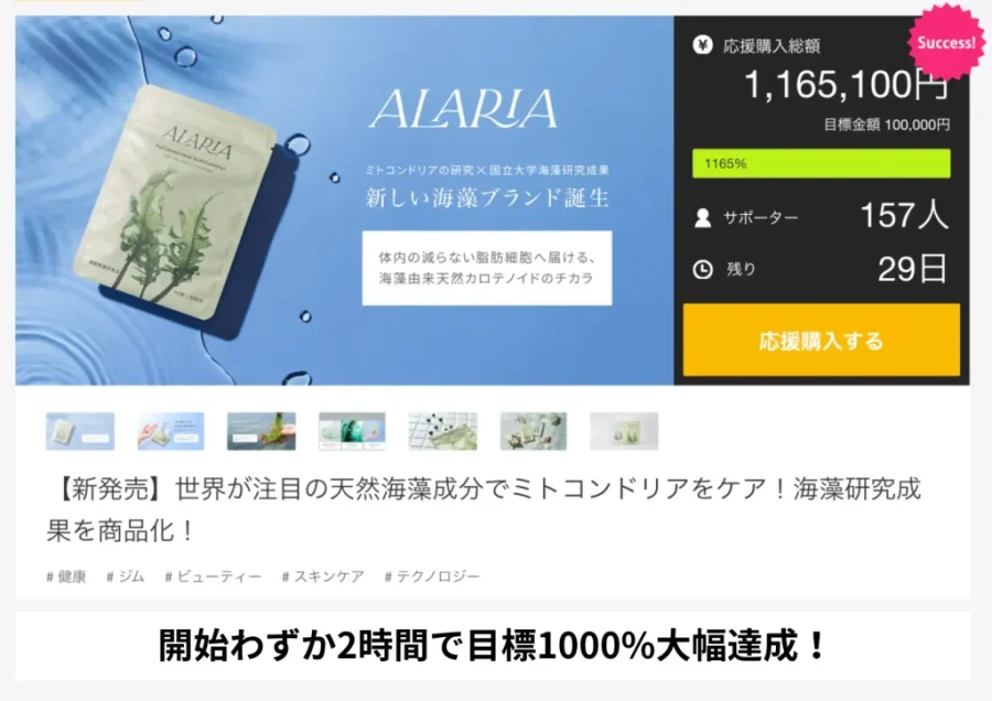 『ALARIA（アラリア）』がMakuake開始から2時間で目標金額1000％を達成！